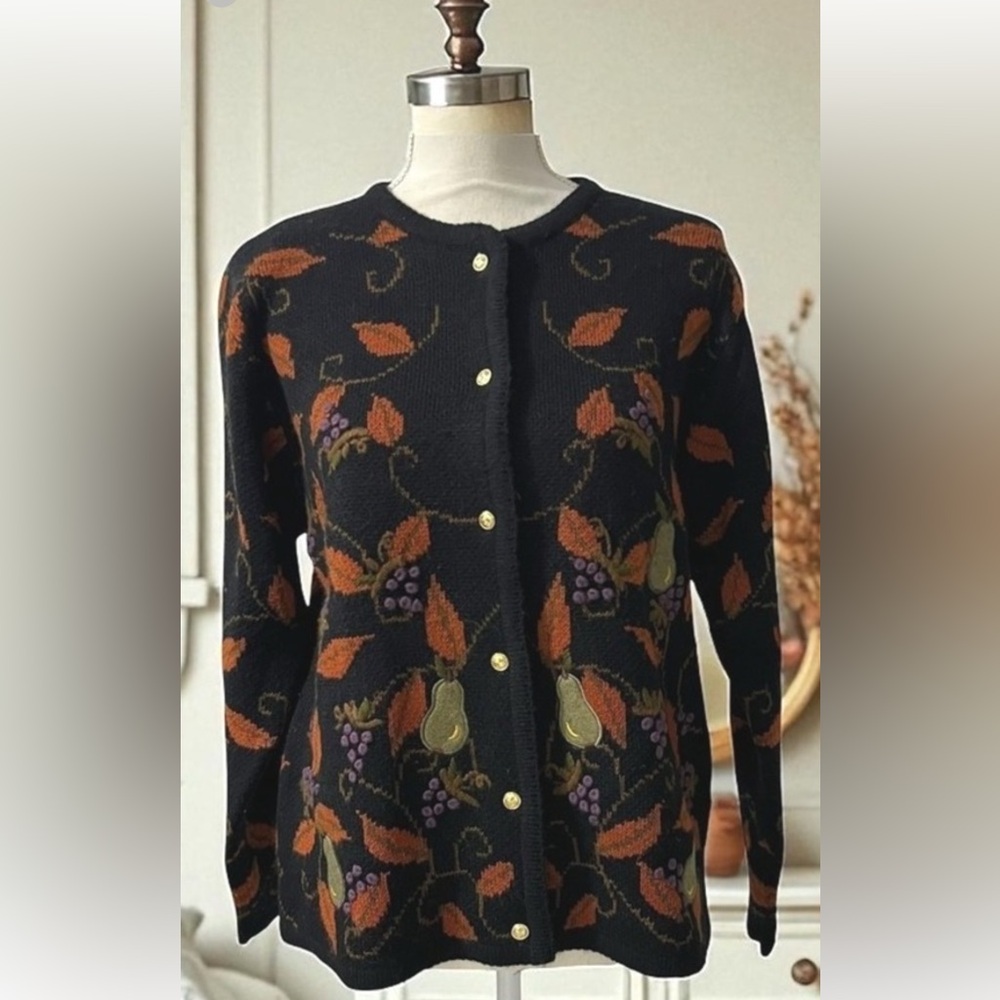 Vintage Crystal Kobe‎ Brown Fruit Fall Leaves Cardigan Sweater S